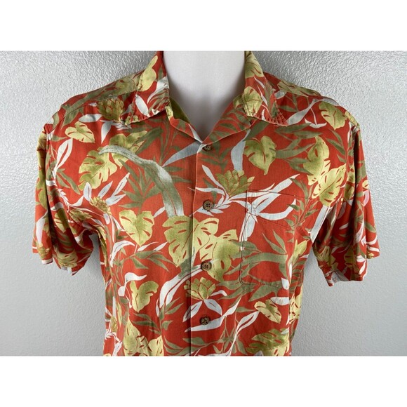 L L Bean Men Medium Tropical Shirt Burnt Orange Floral Palm Casual Beach - Picture 2 of 6